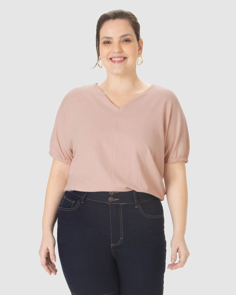 Blusa Feminina Plus Size Ampla Decote V Em Malha Linho