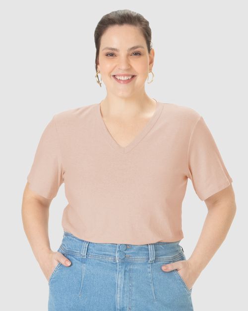 Blusa Básica Feminina Plus Size Decote V Manga Curta Em Malha Linho
