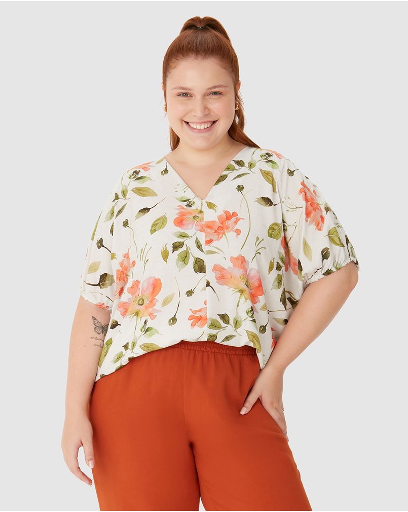 Blusa Feminina Plus Size Mullet Decote V Estampa Floral Em Viscose