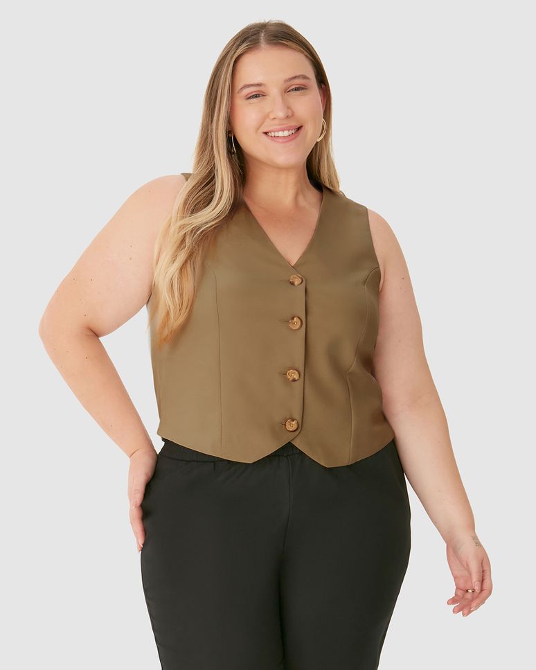 Colete Feminino Plus Size Transpassado Fenda Lateral Em Tecido Alfaiataria