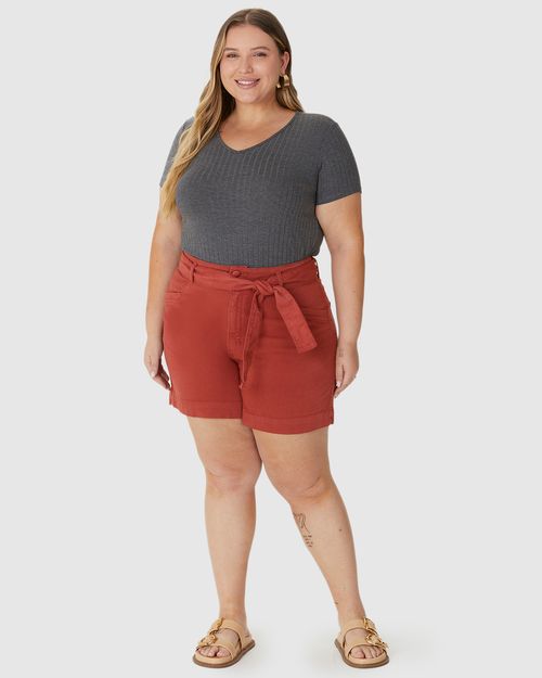 Bermuda Feminina Plus Size Mom Com Cinto Faixa Em Sarja Com Elastano