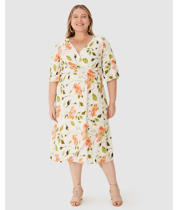 Vestido Feminino Plus Size Reto Transpassado Estampa Floral Em Viscose