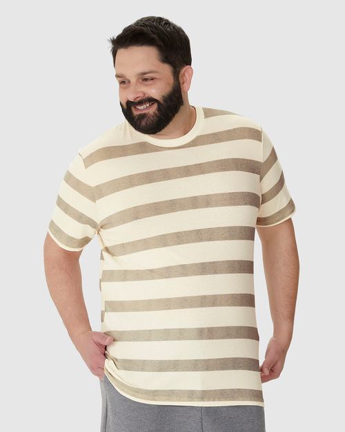 Camiseta Masculina Plus Size Estampa Listrada Em Malha Linho