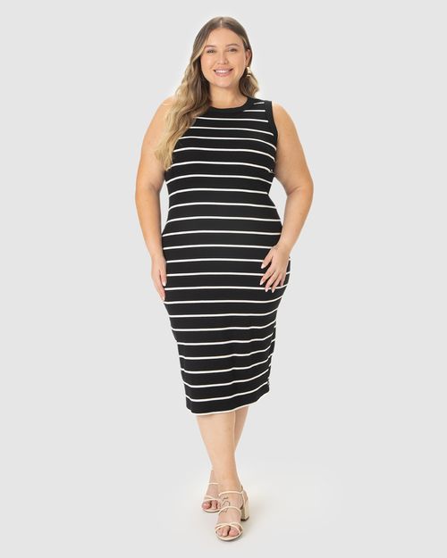 Vestido Midi Feminino Plus Size Justo Em Ribana Listrada