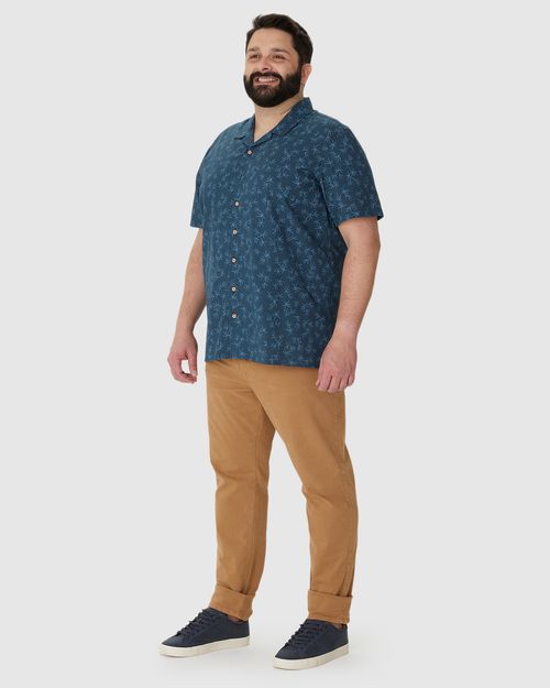 Camisa Masculina Plus Size Estampada Manga Curta Em Linho Com Algodão