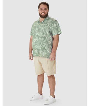 Camisa Masculina Plus Size Estampada Manga Curta Em Linho Com Algodão