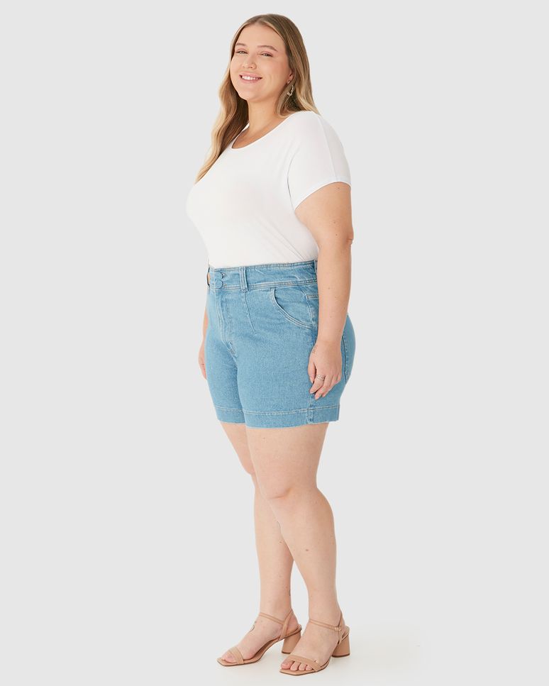 Bermuda Feminina Plus Size Mom Cintura Alta Em Jeans Com Elastano