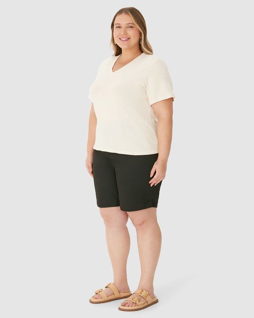 Blusa Básica Feminina Plus Size Decote V Manga Curta Em Malha Linho