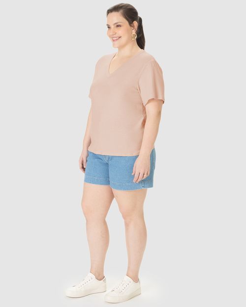 Blusa Básica Feminina Plus Size Decote V Manga Curta Em Malha Linho