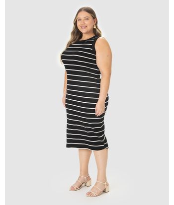 Vestido Midi Feminino Plus Size Justo Em Ribana Listrada