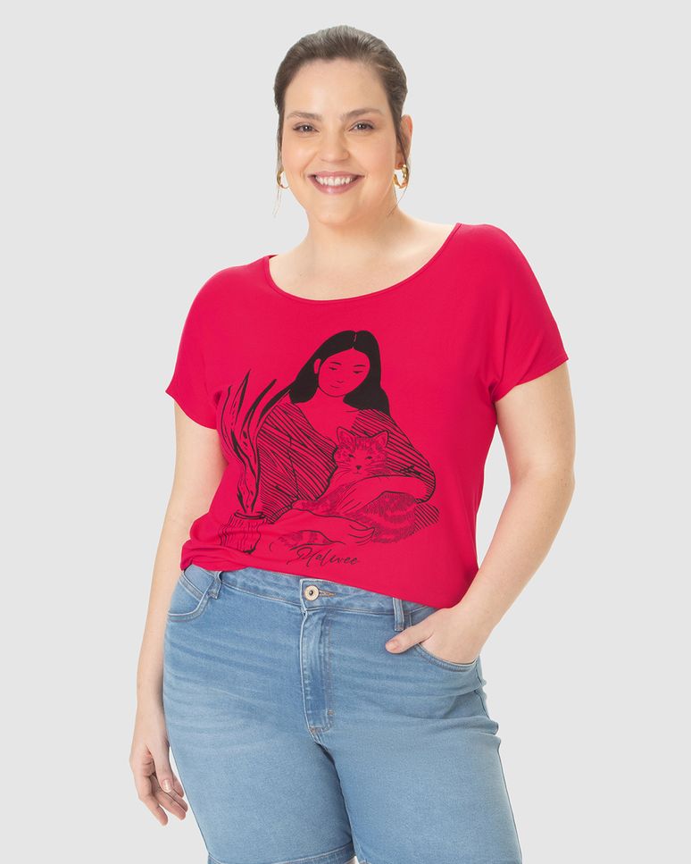 Camiseta Feminina Plus Size Ilustração Aconchegante Em Viscose Stretch