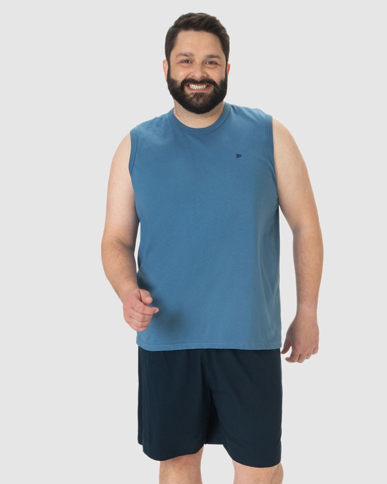 Pijama Masculino Plus Size Regata Bordado Peitoral Em Algodão