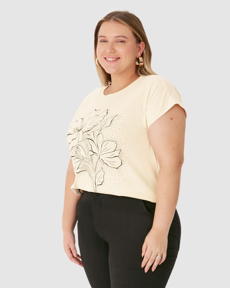 Blusa Feminina Plus Size Estampa Frontal Com Pérolas Em Algodão