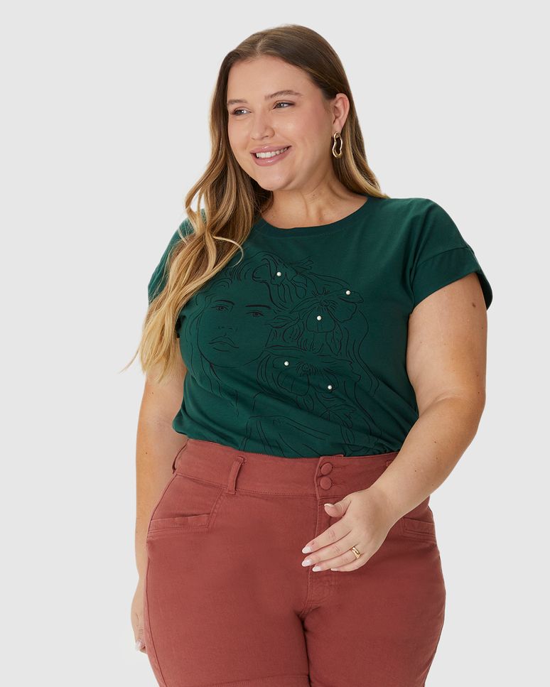 Blusa Feminina Plus Size Estampa Frontal Com Pérolas Em Algodão