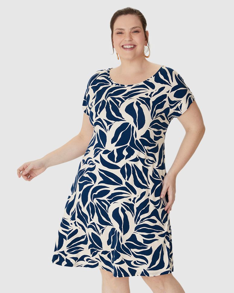 Vestido Feminino Plus Size Evasê Estampa Abstrata Em Viscose Stretch