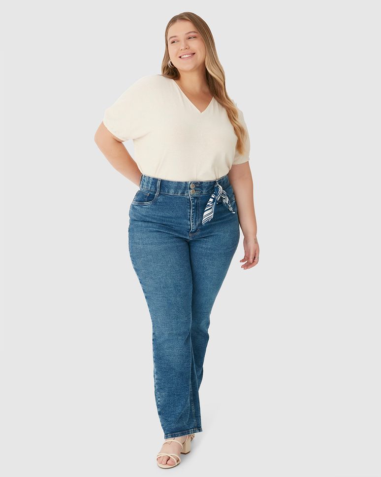 Calça Feminina Plus Size Reta Cintura Média Em Flex Jeans