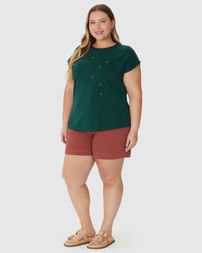 Blusa Feminina Plus Size Estampa Frontal Com Pérolas Em Algodão