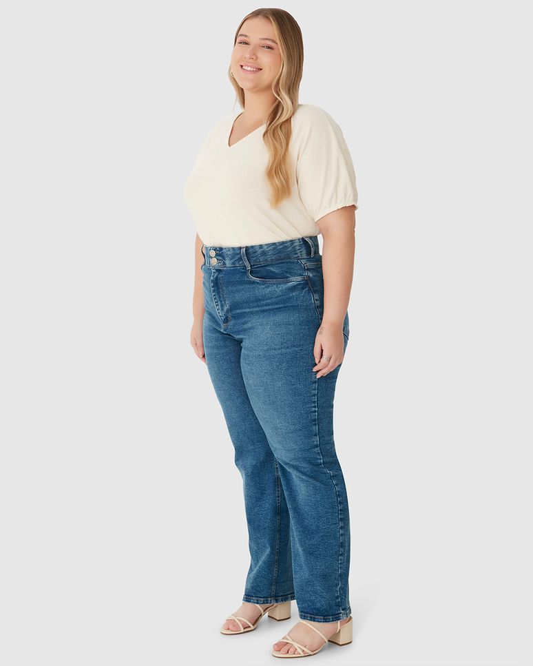 Calça Feminina Plus Size Reta Cintura Média Em Flex Jeans