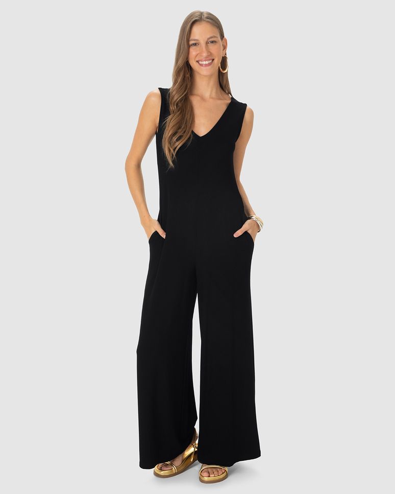 Macacão Feminino Pantalona Bolso Funcional Em Moletinho De Viscose