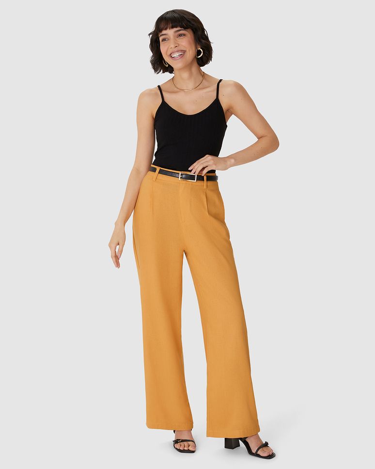 Calça Alfaiataria Feminina Cintura Alta Em Viscolinho