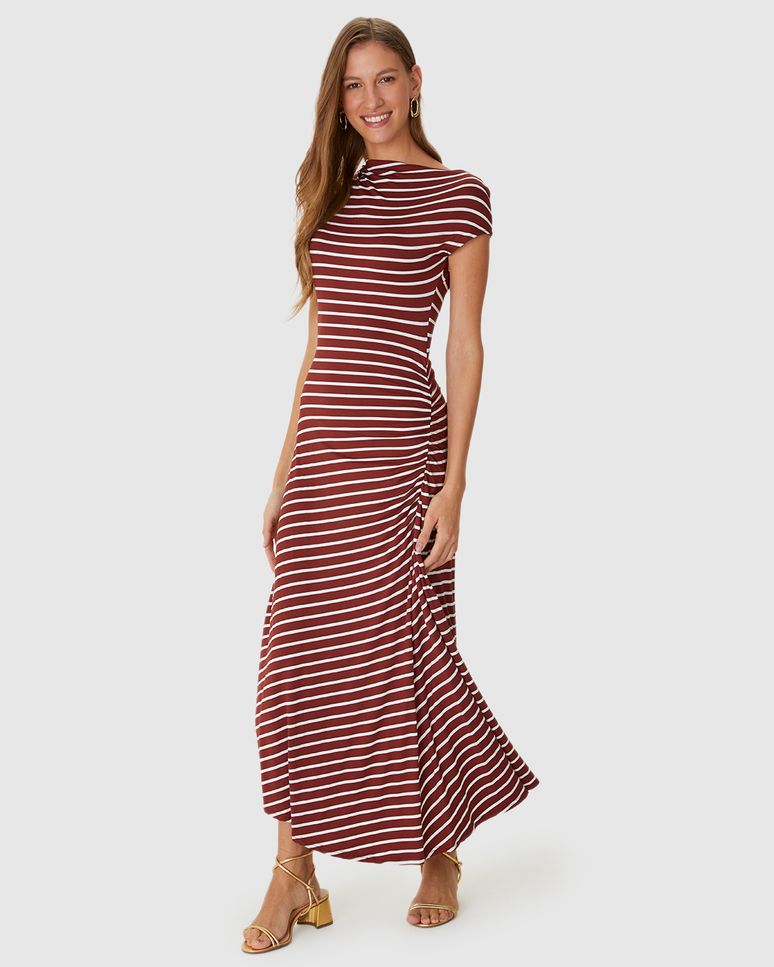 Vestido Midi Feminino Assimétrico Em Malha Viscose Listrada