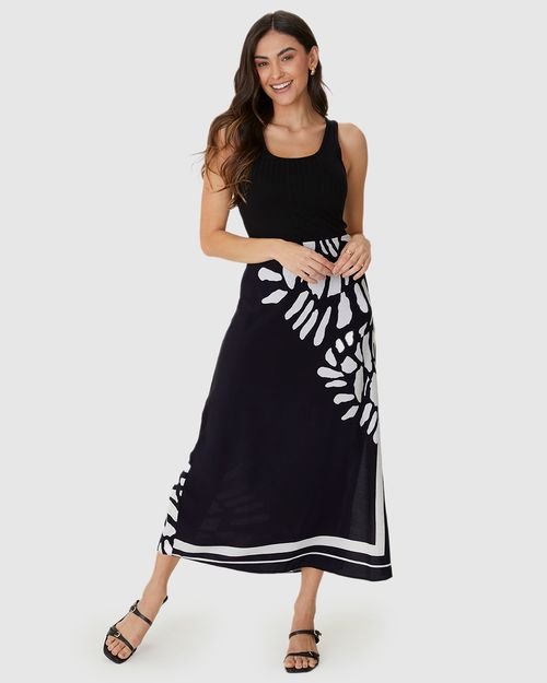 Saia Midi Feminina Estampada Fenda Lateral Em Viscose