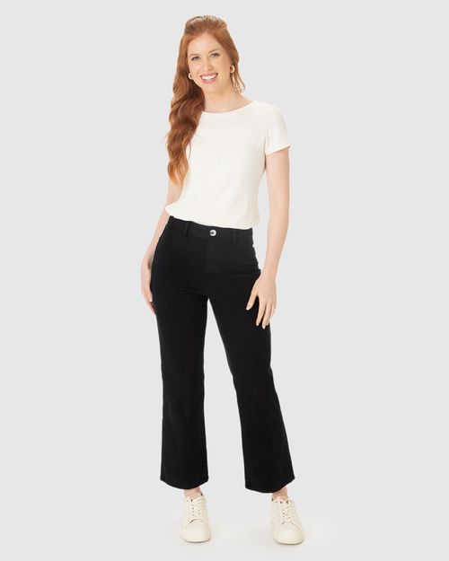 Calça Straight Cropped Feminina Bolso Funcional Em Sarja Com Elastano