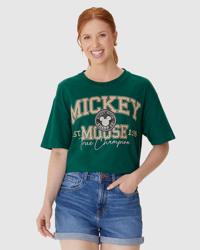Camiseta Boxy Feminina Mickey True Champion Em Algodão