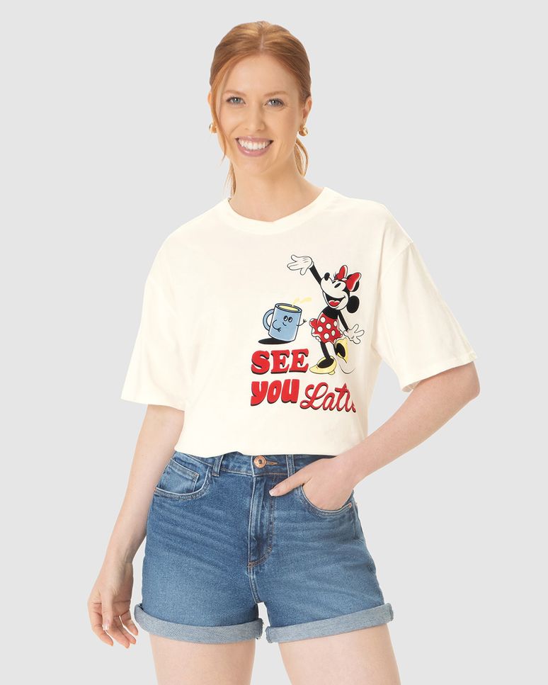 Camiseta Boxy Feminina Mickey See You Latte Em Algodão