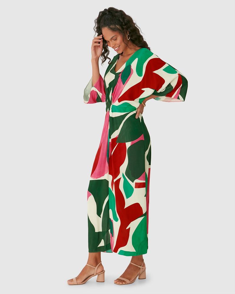 Vestido Midi Feminino Estampado Decote V Torção Frontal Em Viscose