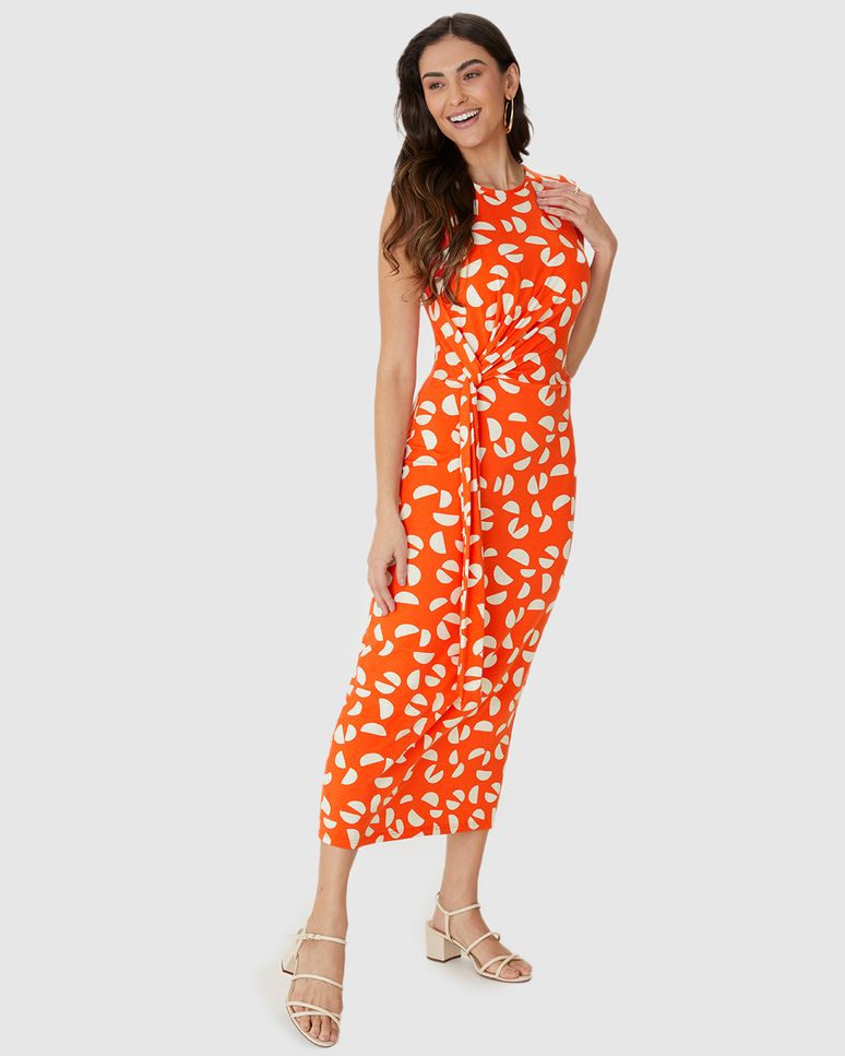 Vestido Midi Feminino Estampado Faixa E Nó Frontal Em Malha Viscolinho Stretch