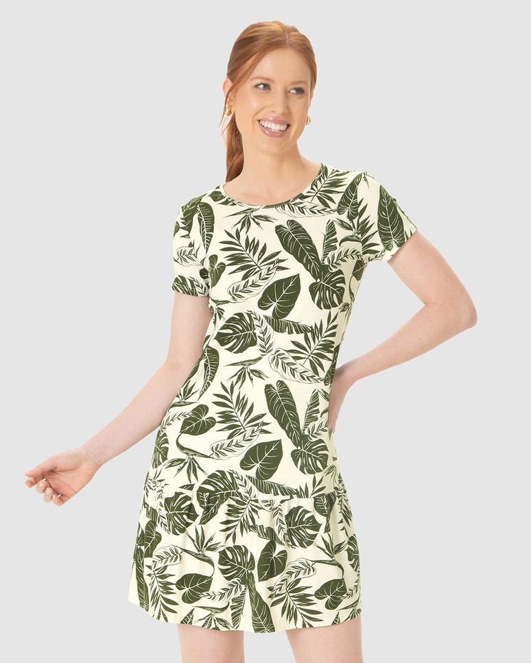 Vestido Feminino Evasê Estampa Folhagem Em Viscose Stretch