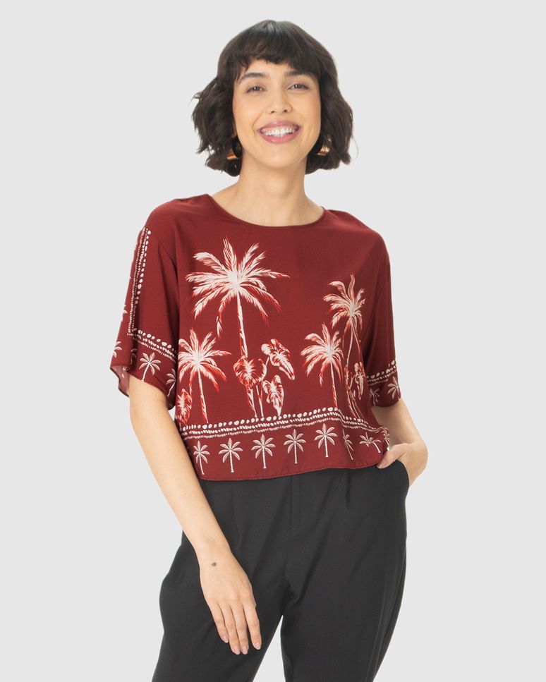 Blusa Box Feminina Estampada Manga Curta Em Viscose