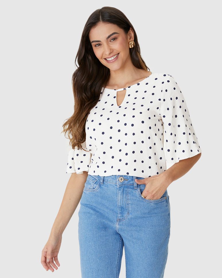 Blusa Bata Feminina Decote Detalhe Vazado Em Viscolinho Texturizado
