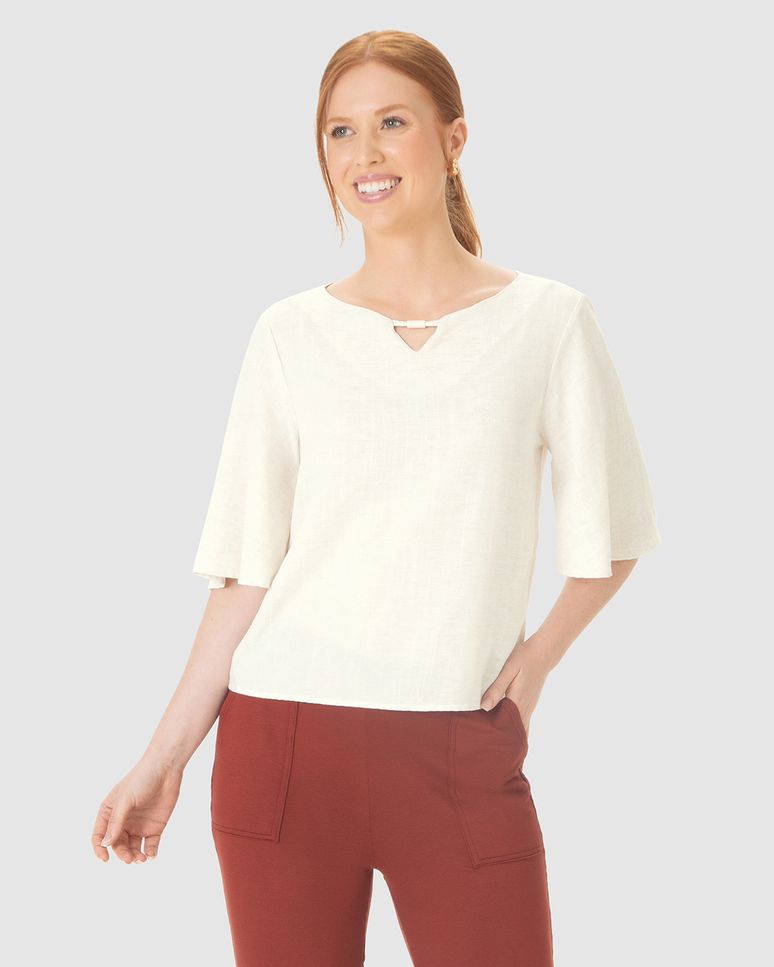 Blusa Bata Feminina Decote Detalhe Vazado Em Viscolinho Texturizado