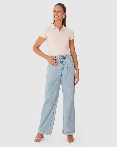 Calça Wide Leg Feminina Cintura Alta Em Jeans Leve 100% Algodão