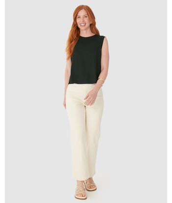 Calça Straight Cropped Feminina Bolso Funcional Em Sarja Com Elastano