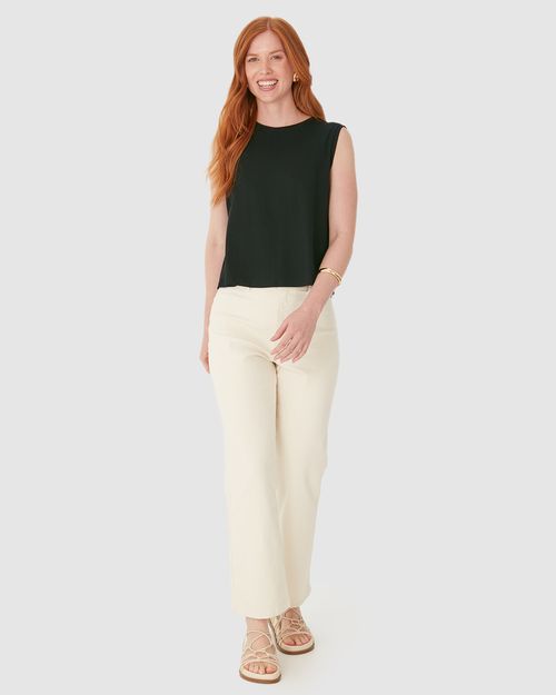 Calça Straight Cropped Feminina Bolso Funcional Em Sarja Com Elastano