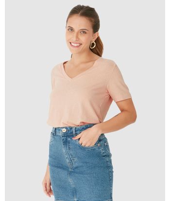 Blusa Básica Feminina Decote V Manga Curta Em Malha Linho