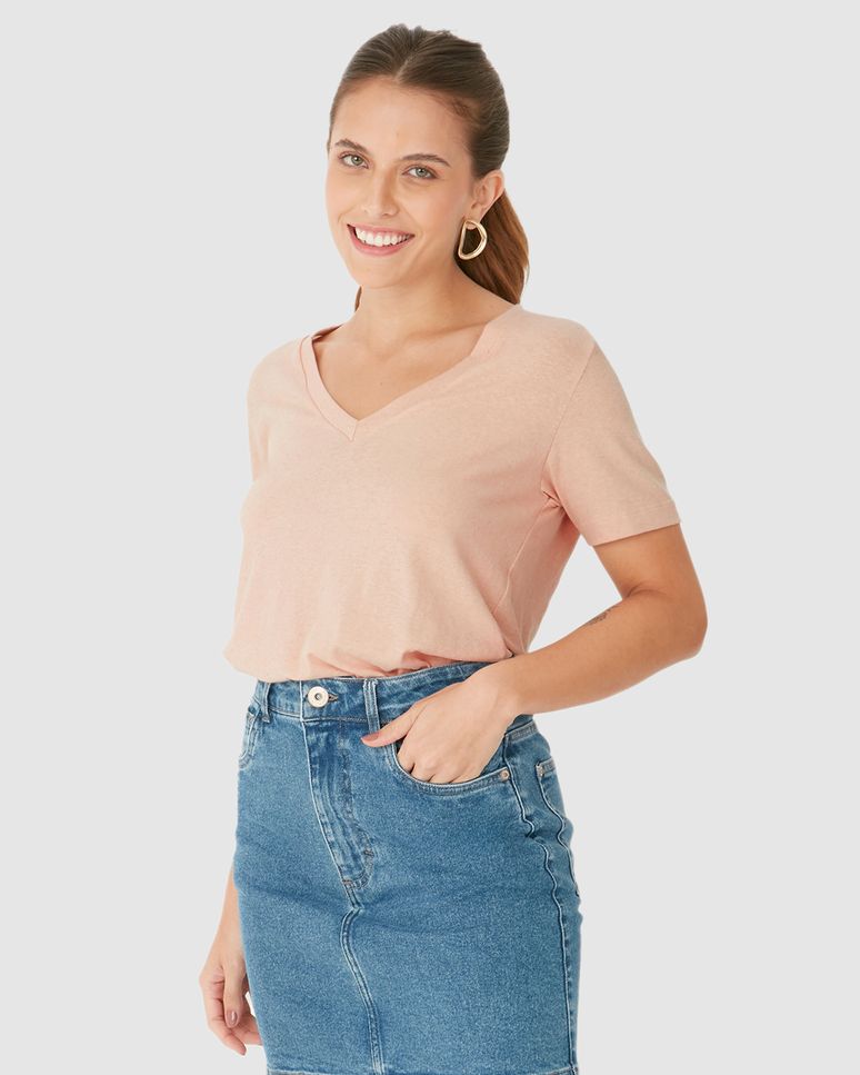 Blusa Básica Feminina Decote V Manga Curta Em Malha Linho