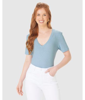 Blusa Básica Feminina Decote V Manga Curta Em Malha Linho
