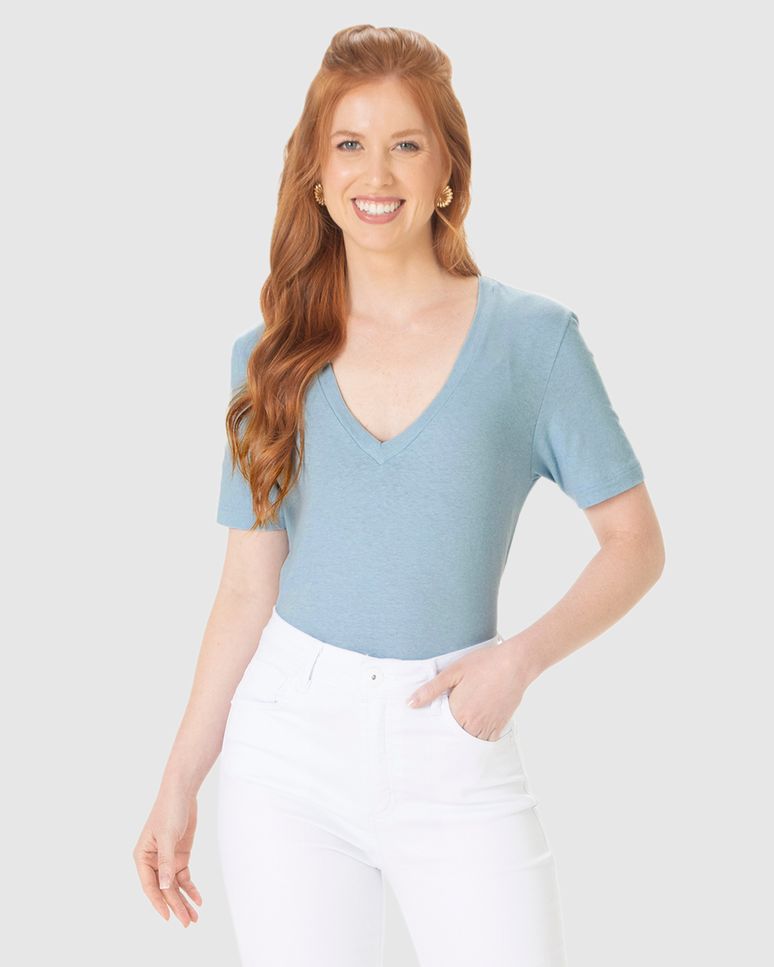 Blusa Básica Feminina Decote V Manga Curta Em Malha Linho