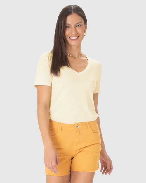 Blusa Básica Feminina Decote V Manga Curta Em Malha Linho