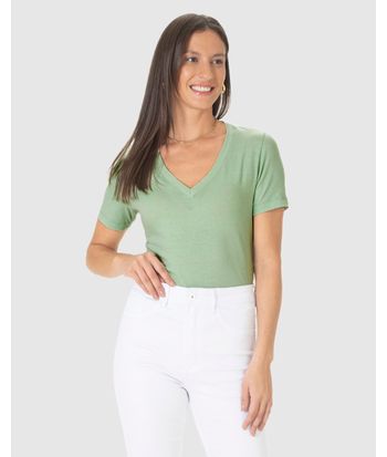 Blusa Básica Feminina Decote V Manga Curta Em Malha Linho