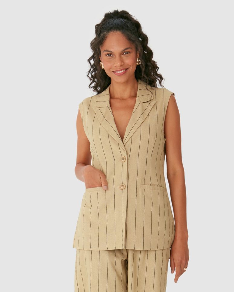 Colete Alongado Feminino Alfaiataria Listrado Em Viscolinho