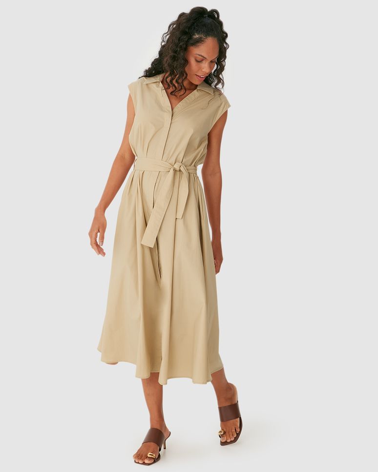 Vestido Chemise Com Cinto E Bolso Funcional Em Tricoline