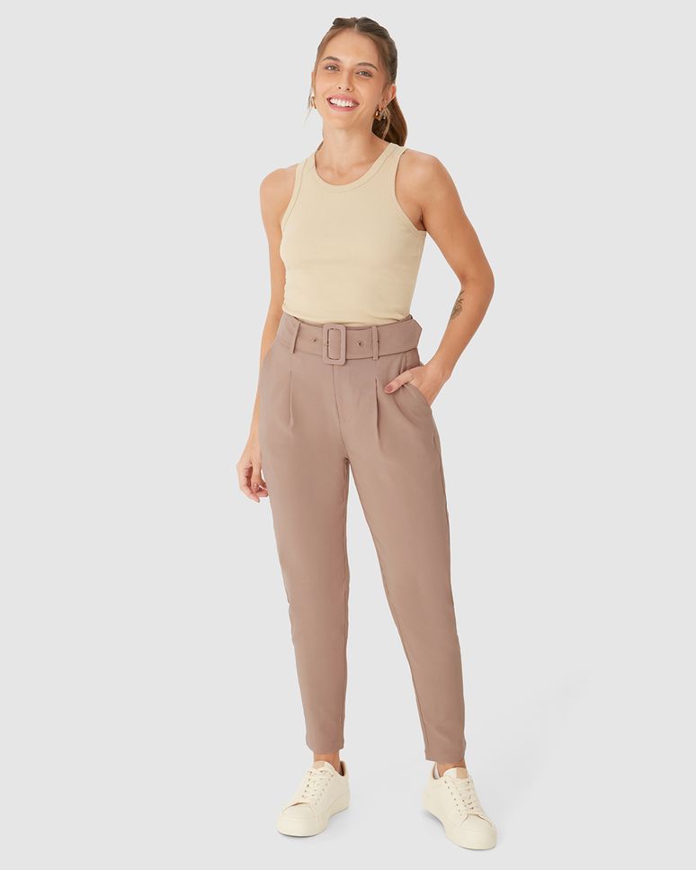 Calça Alfaiataria Feminina Com Cinto E Bolso Lateral