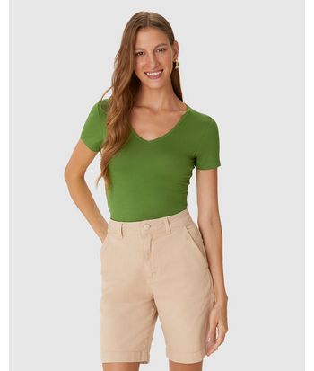 Blusa Básica Feminina Decote V Em Viscose Stretch