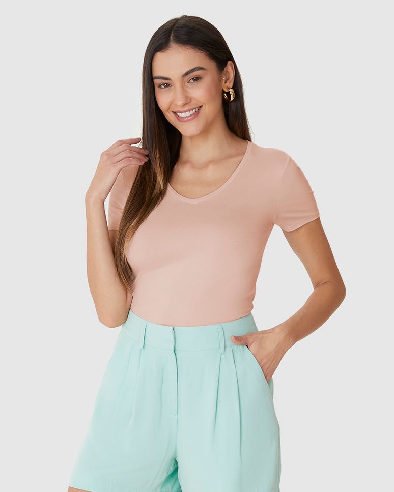 Blusa Básica Feminina Decote V Em Viscose Stretch