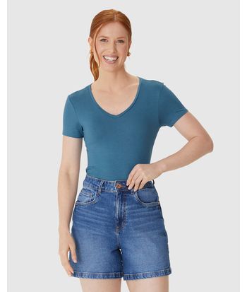 Blusa Básica Feminina Decote V Em Viscose Stretch